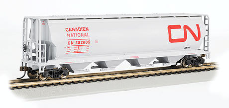 Canadian Cylindrical 4-Bay Grain Hopper - Ready to Run - Silver Series(R) -- Canadian National (white, red; Large Noodle Logo)-1