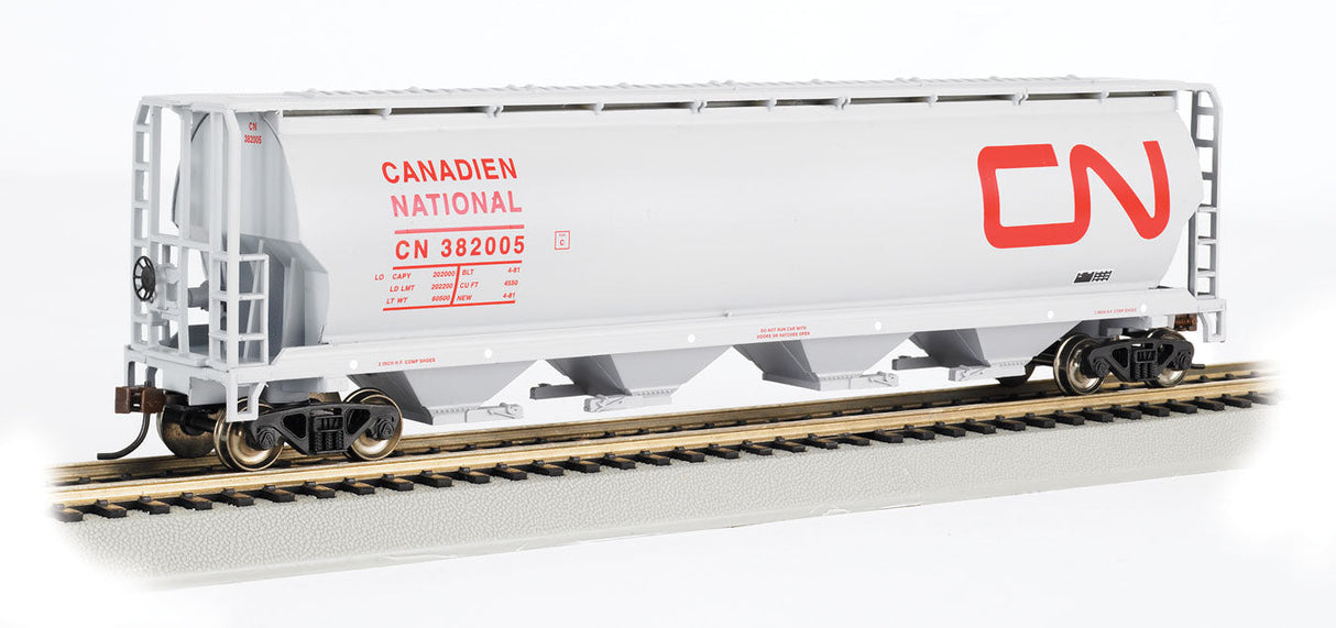 Canadian Cylindrical 4-Bay Grain Hopper - Ready to Run - Silver Series(R) -- Canadian National (white, red; Large Noodle Logo)-2