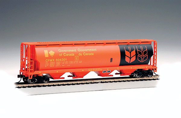 Canadian Cylindrical 4-Bay Grain Hopper - Ready to Run - Silver Series(R) -- Government of Canada #2 CPWX (Orange, black, yellow)-1