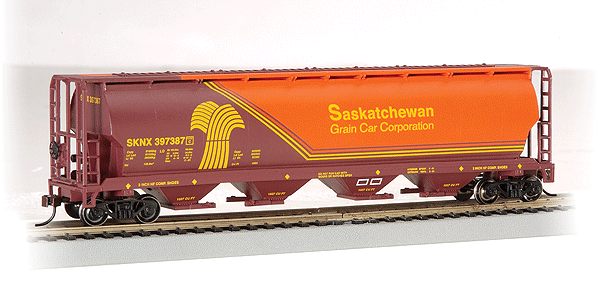 Canadian Cylindrical 4-Bay Grain Hopper - Ready to Run - Silver Series(R) -- Saskatchewan Grain Car Corp. (orange, brown, yellow)