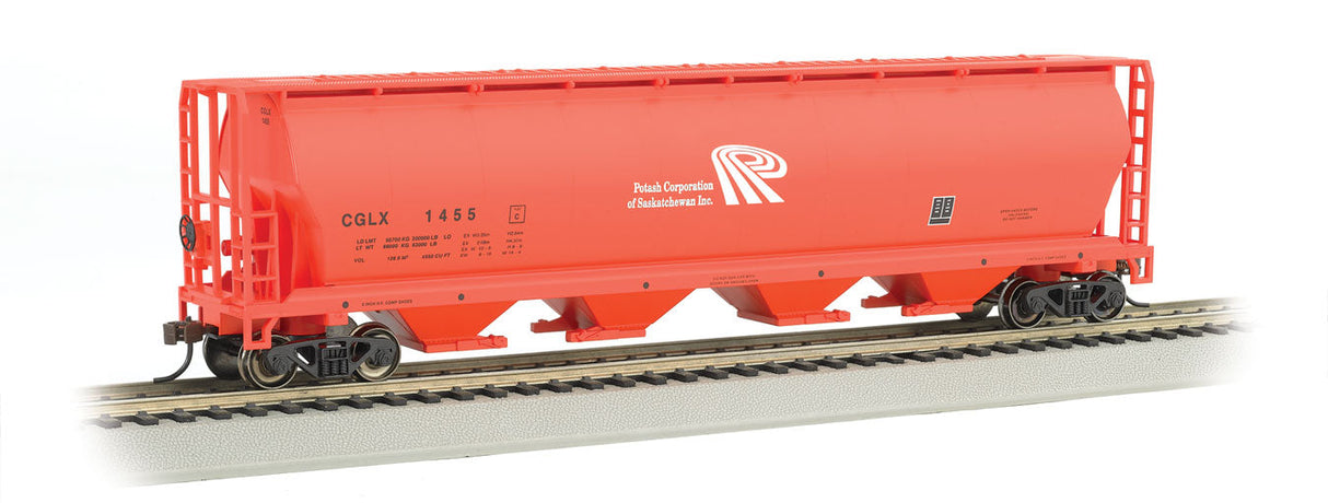 Canadian Cylindrical 4-Bay Grain Hopper - Ready to Run - Silver Series(R) -- Potash Corporation CGLX (salmon, white; Large P Logo)-2