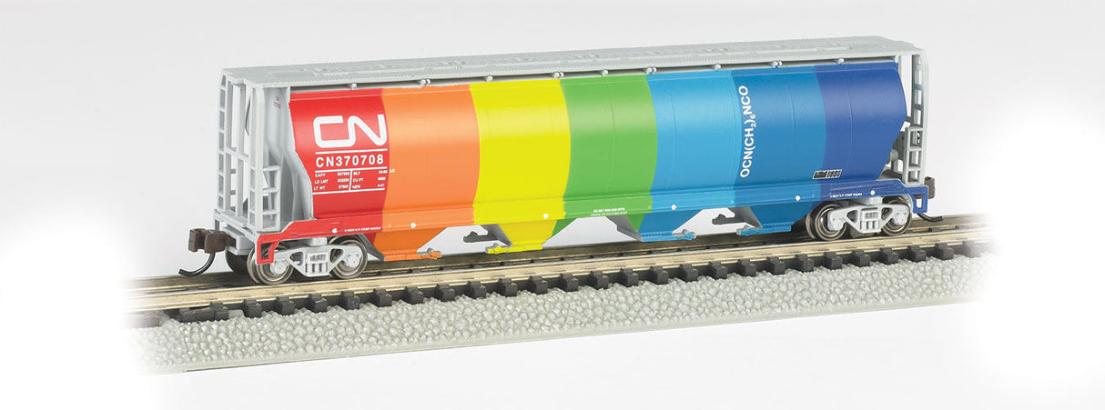Canadian Cylindrical 4-Bay Grain Hopper - Ready to Run - Silver Series(R) -- Canadian National (Demonstrator; Rainbow Colors on Side A, Gray on Side B)-2