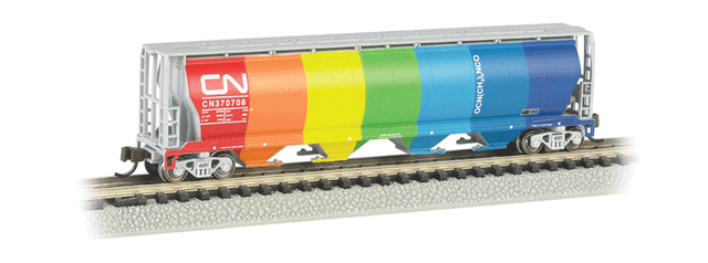 Canadian Cylindrical 4-Bay Grain Hopper - Ready to Run - Silver Series(R) -- Canadian National (Demonstrator; Rainbow Colors on Side A, Gray on Side B)-1