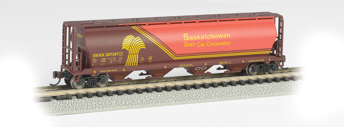Canadian Cylindrical 4-Bay Grain Hopper - Ready to Run - Silver Series(R) -- Saskatchewan Grain Car Corp. (orange, brown, yellow)-2