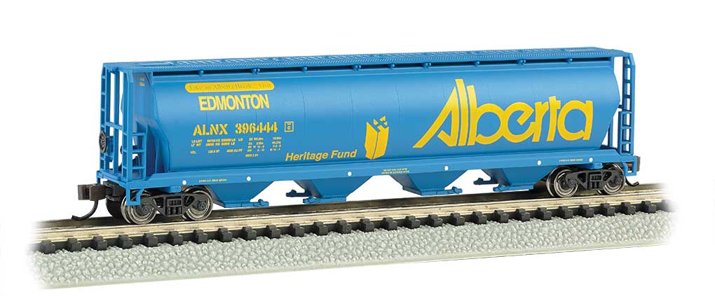 Canadian Cylindrical 4-Bay Grain Hopper - Ready to Run - Silver Series(R) -- Alberta Heritage Fund Edmonton (blue, yellow; Billboard Alberta)-2