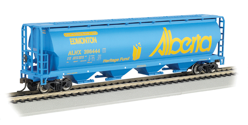 Canadian Cylindrical 4-Bay Grain Hopper - Ready to Run - Silver Series(R) -- Alberta Heritage Fund Edmonton (blue, yellow; Billboard Alberta)-1