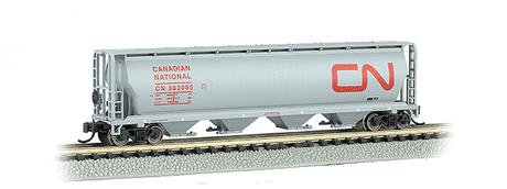 Canadian Cylindrical 4-Bay Grain Hopper - Ready to Run - Silver Series(R) -- Canadian National (gray, red; Large Noodle Logo)-1