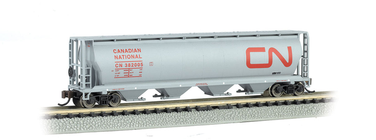 Canadian Cylindrical 4-Bay Grain Hopper - Ready to Run - Silver Series(R) -- Canadian National (gray, red; Large Noodle Logo)-2