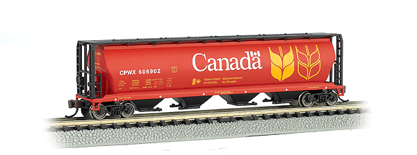 Canadian Cylindrical 4-Bay Grain Hopper - Ready to Run - Silver Series(R) -- Government of Canada CPWX (orange, black, yellow, white)-1