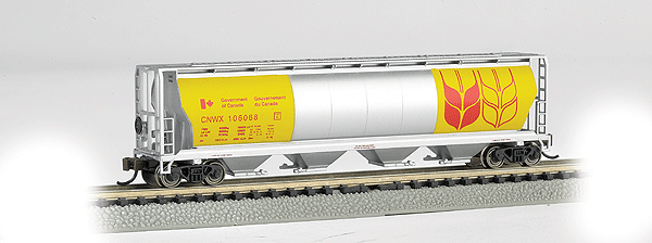Canadian Cylindrical 4-Bay Grain Hopper - Ready to Run - Silver Series(R) -- Government of Canada CNWX (silver, yellow, brown)-1