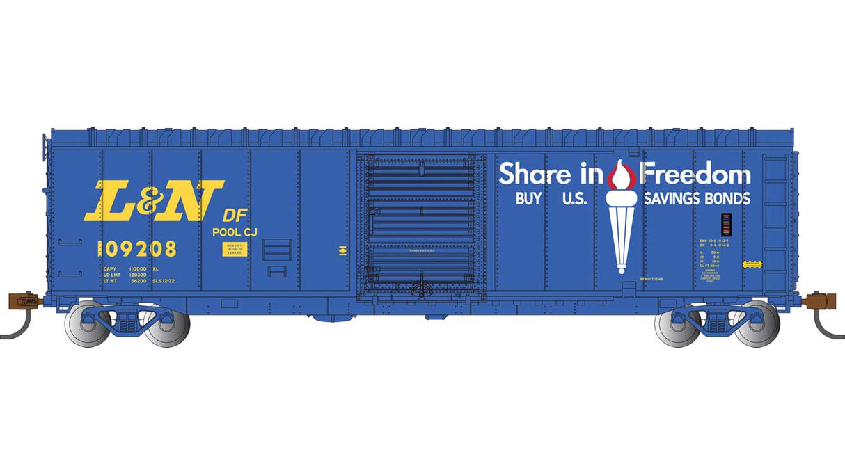 50' Sliding-Door Boxcar - Ready to Run - Silver Series(R) -- Louisville & Nashville #109208 (blue, yellow, white, red, US Savings Bonds)