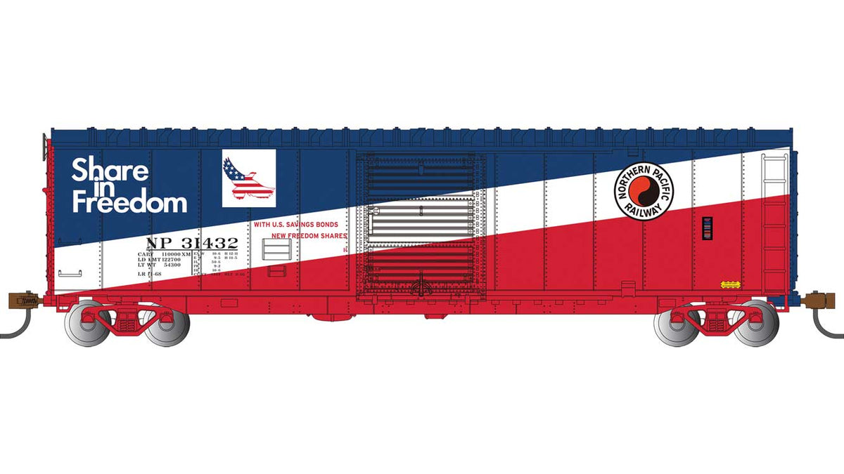 50' Sliding-Door Boxcar - Ready to Run - Silver Series(R) -- Northern Pacific #31432 (blue, white, red, Buy US Savings Bonds)