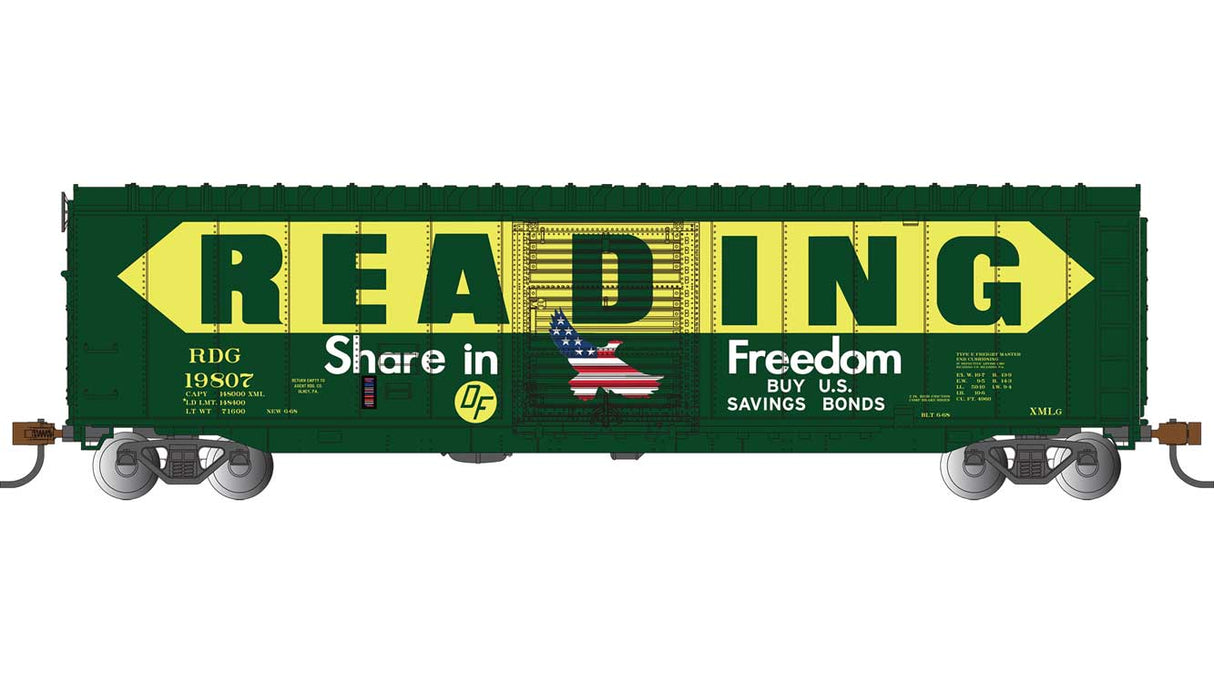 50' Sliding-Door Boxcar - Ready to Run - Silver Series(R) -- Reading #19807 (green, yellow, Billboard Lettering, Buy US Savings Bonds)