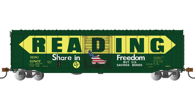 50' Sliding-Door Boxcar - Ready to Run - Silver Series(R) -- Reading #19807 (green, yellow, Billboard Lettering, Buy US Savings Bonds)
