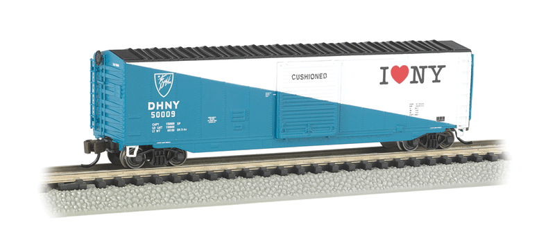 50' Sliding-Door Boxcar No Roofwalk - Ready to Run -- Delaware & Hudson #1199 ("I Love NY" Scheme; blue, white, red, black)-1