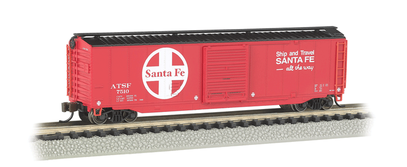 50' Sliding-Door Boxcar w/Roofwalk - Ready to Run -- Santa Fe (red, black, white; Large Logo, Ship & Travel Slogan)-1