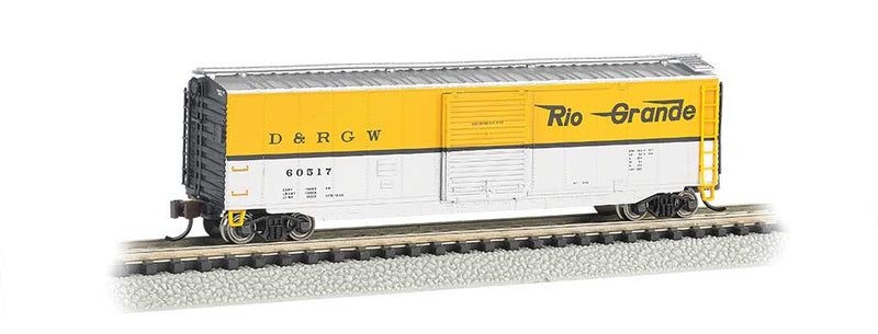 50' Sliding-Door Boxcar w/Roofwalk - Ready to Run -- Denver & Rio Grande Western #60517 (Aspen Gold, silver, Flying Grande)