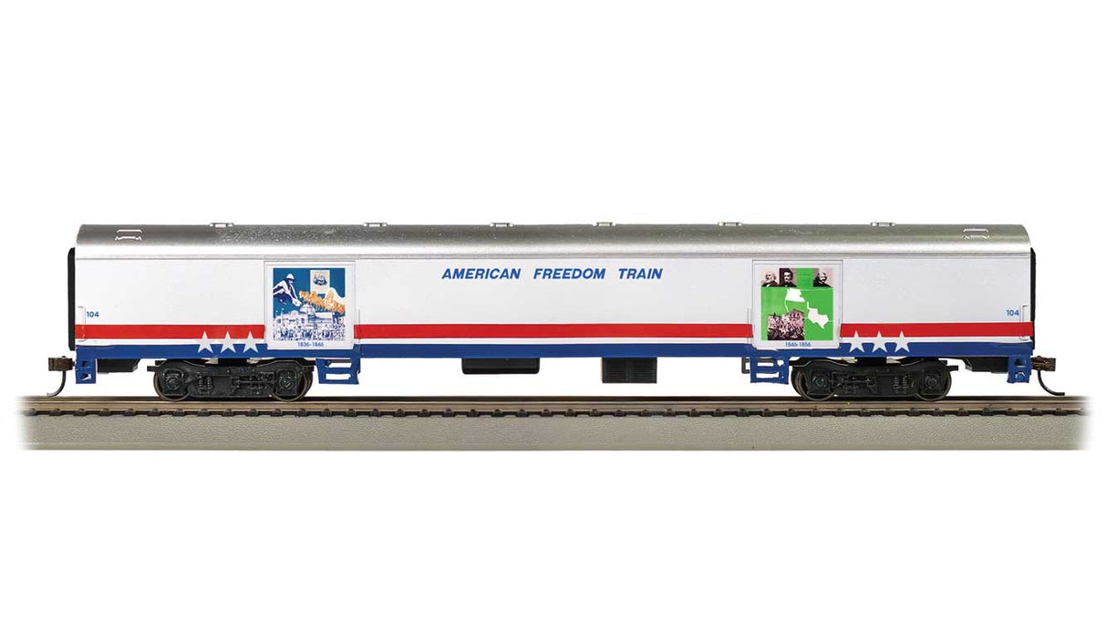 72' Exhibit (Converted Baggage) Car - Ready to Run -- American Freedom Train #104 (white, silver, red, blue)