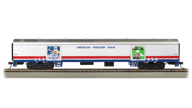 72' Exhibit (Converted Baggage) Car - Ready to Run -- American Freedom Train #104 (white, silver, red, blue)