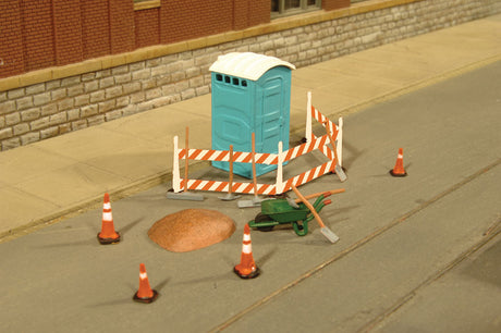 Building Site Details - SceneScapes(TM) -- Outhouse, Wheelbarrow, Barricade, Traffic Cones and Dirt Pile-2