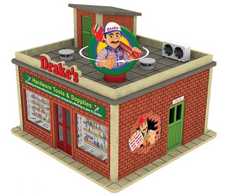 Drake's Hardware Store with Light and Rotating Sign -- Laser-Cut Kit