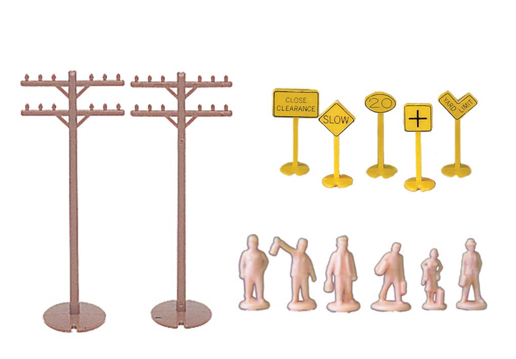 Layout Accessories Assortment -- 12 Telephone Poles, 24 Signs & 24 Unpainted Figures
