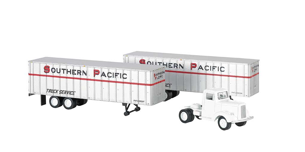 White Tractor w/2 Piggyback Van Trailers - Assembled -- Southern Pacific (white, red, black)