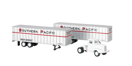 White Tractor w/2 Piggyback Van Trailers - Assembled -- Southern Pacific (white, red, black)