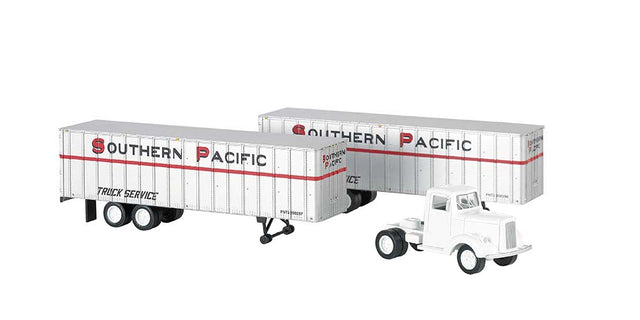 White Tractor w/2 Piggyback Van Trailers - Assembled -- Southern Pacific (white, red, black)