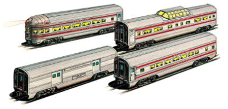 Williams(TM) by Bachmann,Golden Memories(R)Aluminum Streamliner 4-Car Passen -- Santa Fe, Includes: Baggage, Coach, Vista-Dome, Observation (60')