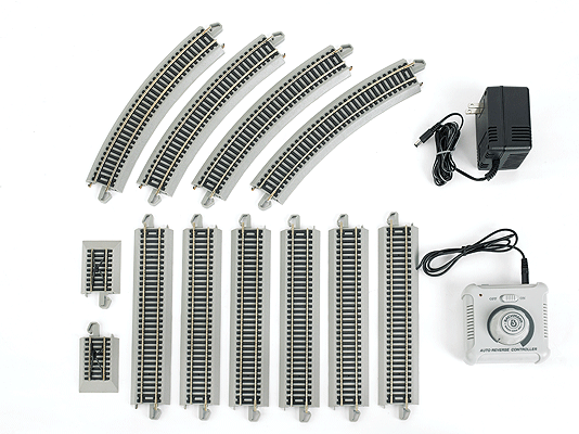 E-Z Track(R) Reversing System - Nickel Silver w/Gray Roadbed -- Power Pack, Auto-Reversing Track: 6-9" Straight, 4 Curved, 2 Bumpers