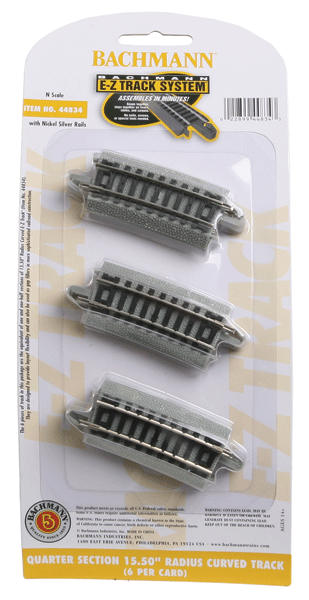 Curved Track w/Nickel Silver Rail & Gray Roadbed - E-Z Track(R) -- 15-1/2" Radius Quarter Section pkg(6)-1