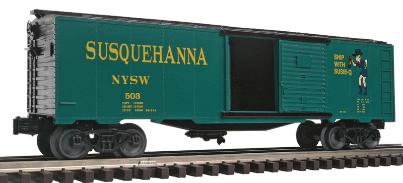 40' Steel Boxcar - 3-Rail - Ready to Run -  Williams(TM) -- New York, Susquehanna & Western (green, black, yellow, Suzy Q Logo)-1