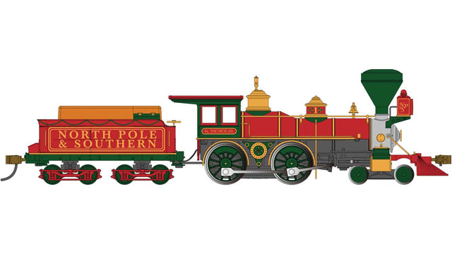 4-4-0 w/Wood Tender Load - Standard DC -- North Pole & Southern #1 (Christmas, red, green)