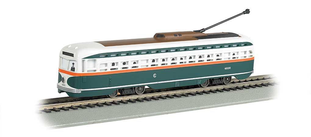 PCC Streetcar w/DCC, Sound & Sparking Trolley Pole -- Chicago (green, white, red)