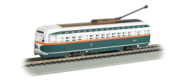PCC Streetcar w/DCC, Sound & Sparking Trolley Pole -- Chicago (green, white, red)
