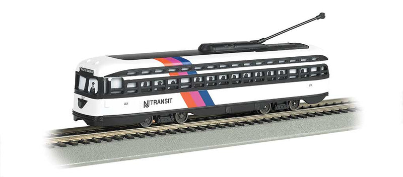 PCC Streetcar w/DCC, Sound & Sparking Trolley Pole -- NJ Transit (white, black, blue, purple, orange)