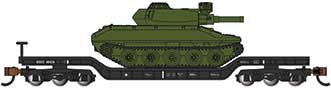 52' Deressed-Center Flatcar with Sheridan Tank - Ready to Run -- United States Army (Black Flatcar, Green Tank)