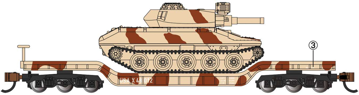 52' Deressed-Center Flatcar with Sheridan Tank - Ready to Run -- United States Army (Desert Camouflage; tan, brown)
