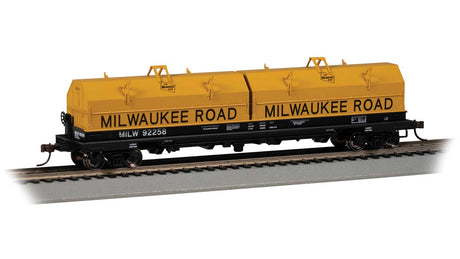 55' Coil Car with Angled Hoods and Load - Ready to Run -- Milwaukee Road #92258 (black, yellow hoods)