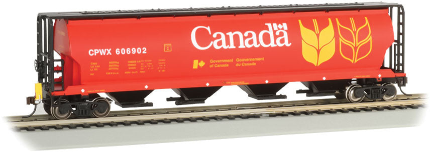 Canadian Cylindrical 4-Bay Grain Hopper with FRED - Ready to Run -- Government of Canada CPWX #606835 (red, yellow, black)