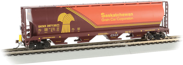 Canadian Cylindrical 4-Bay Grain Hopper with FRED - Ready to Run -- Saskatchewan Grain Car Corp. SKNX #397135 (orange, brown, yellow)