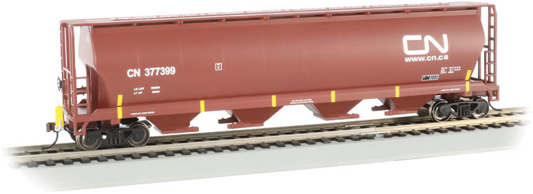 Canadian Cylindrical 4-Bay Grain Hopper with FRED - Ready to Run -- Canadian National #377399 (Boxcar Red, Yellow Conspicuity Marks)