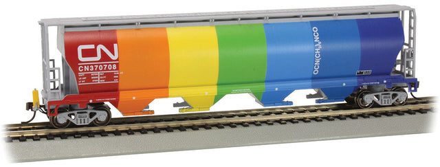 Canadian Cylindrical 4-Bay Grain Hopper, Flashing FRED - Ready to Run -- Canadian National (Demo Scheme; One Side Gray, One Side Rainbow Colors)-1