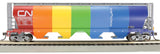 Canadian Cylindrical 4-Bay Grain Hopper, Flashing FRED - Ready to Run -- Canadian National (Demo Scheme; One Side Gray, One Side Rainbow Colors)-2