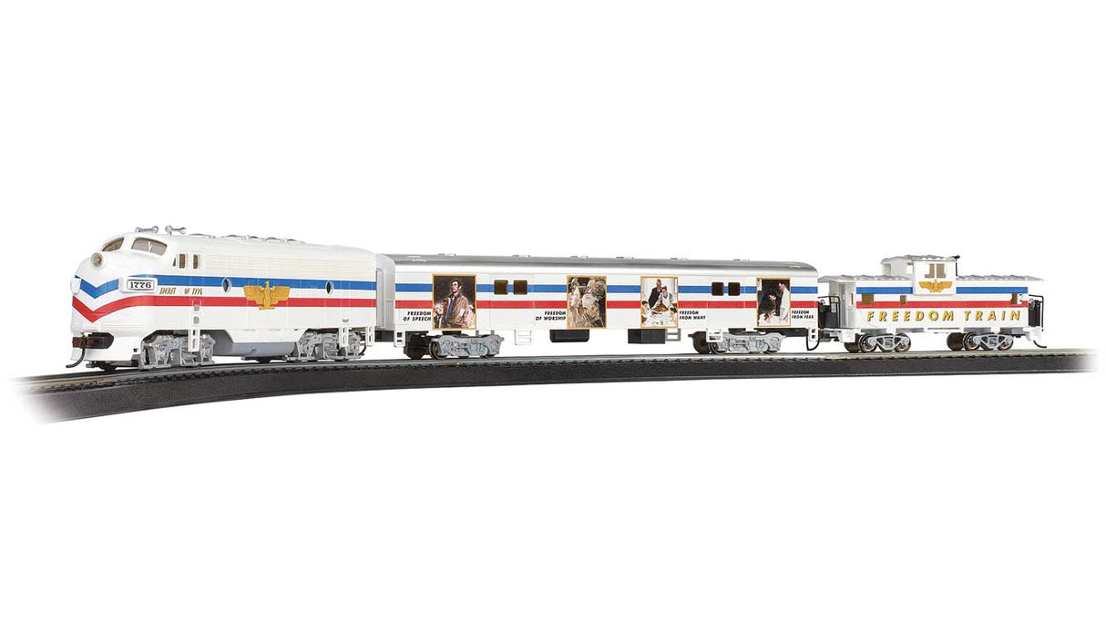 Norman Rockwell Freedom Train Set - Standard DC -- EMD F7, Display Car, Wide-Vision Caboose, E-Z Track Oval(R) Speed Controller-1