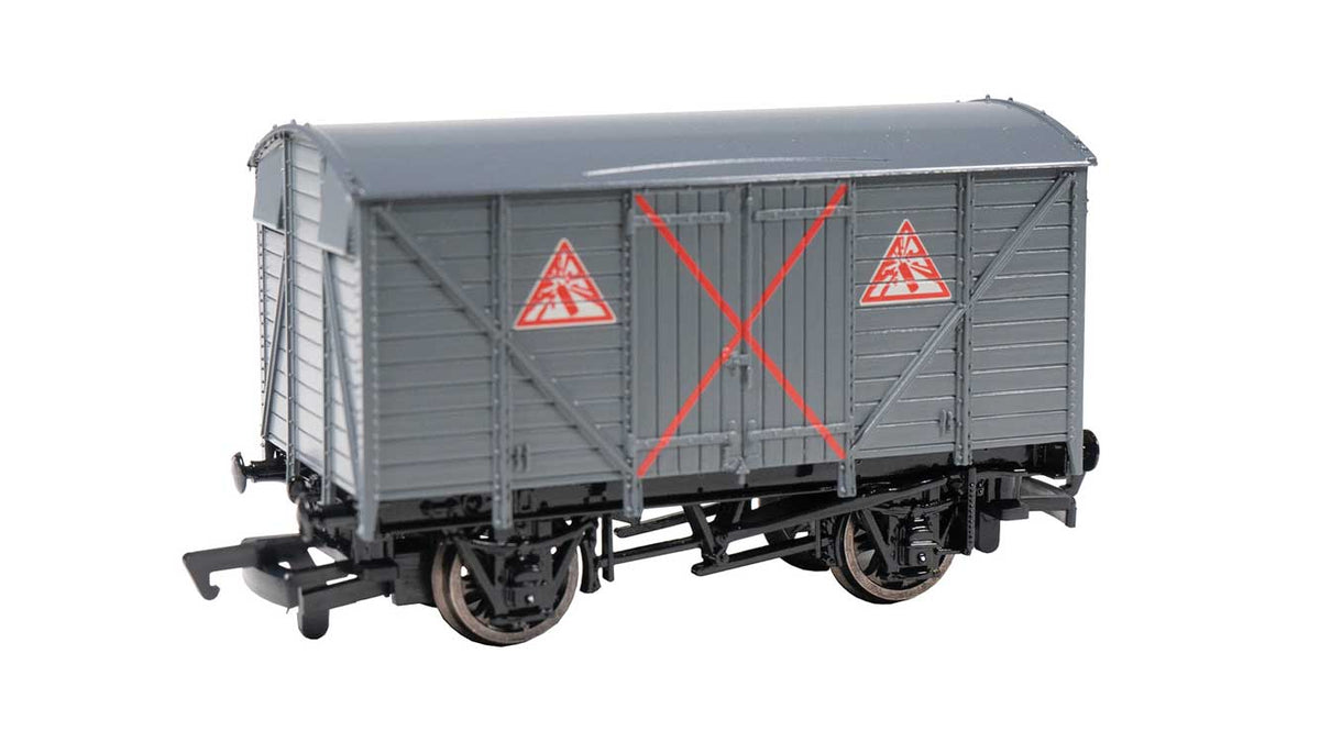 Thomas & Friends(TM) - Wood Boxcar (Box Van) -- Explosives (gray, red, white; Warning Icons)-1