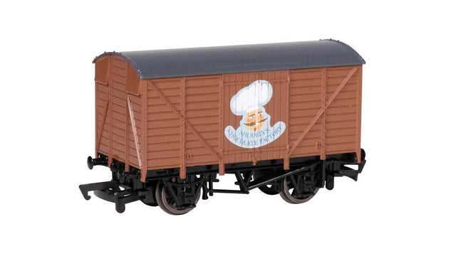 Wood Boxcar (Box Van) - Ready to Run - Thomas & Friends(TM) -- Mr. Jolly's Chocolate Factory (brown, blue, white)-1