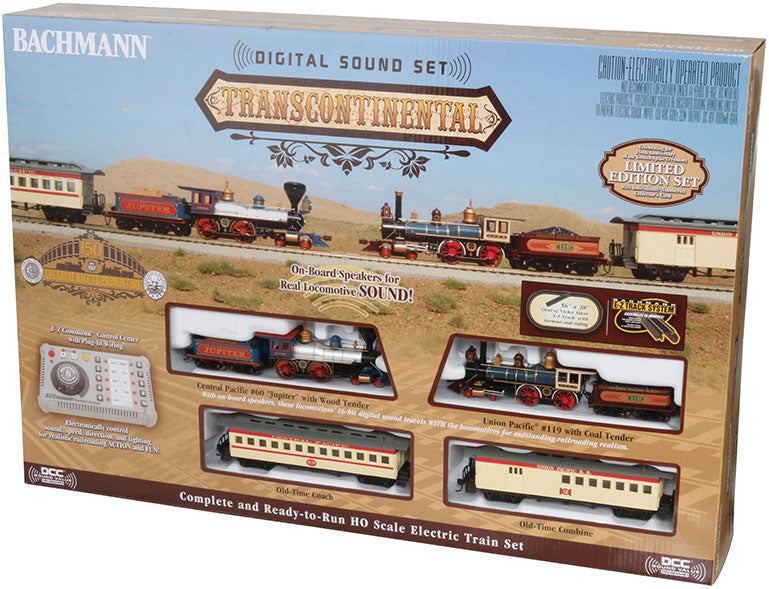 Transcontinental Train Set with Sound and DCC -- Union Pacific, Central Pacific 4-4-0 Locomotives, 2 Cars, Track and Controls