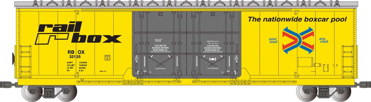 Evans 53' Double-Plug-Door Boxcar - Ready to Run -- Railbox #32135 (yellow, black)